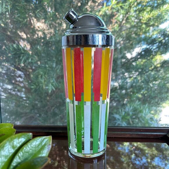 Mid-CenturyOrange and Green Striped Glass Cocktail Shaker w/ Chrome Top, 10” - Picture 10 of 16